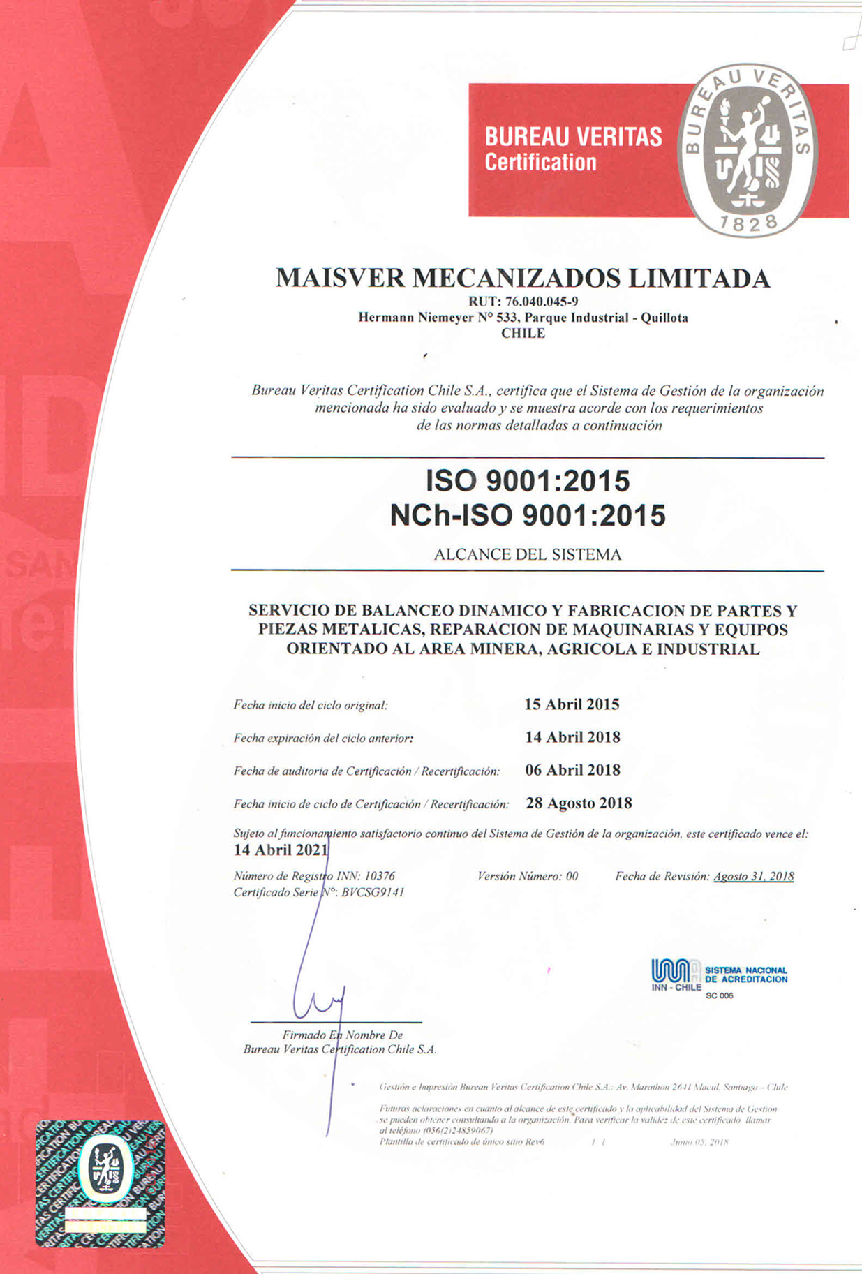 Certificación Iso 9001 2015 – Maisver